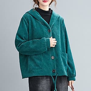 Women Winter Hooded Coat Corduroy Fleece Lining Buttons Pockets Adjustable Drawstring Loose Casual Warm Outerwear