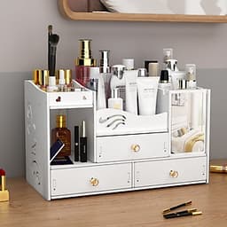 Kệ đựng mỹ phẩm, để đồ trang điểm, đồ trang sức, kệ gỗ để bàn kèm gương trang điểm cao cấp - Tặng kèm móc khóa khung hình thời trang