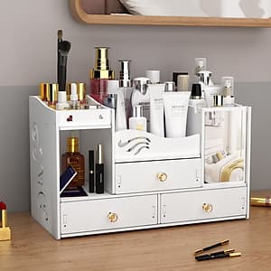Kệ đựng mỹ phẩm, để đồ trang điểm, đồ trang sức, kệ gỗ để bàn kèm gương trang điểm cao cấp - Tặng kèm móc khóa khung hình thời trang