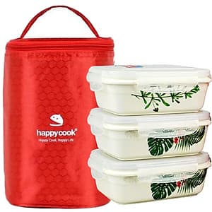 Hộp Cơm Sứ 3 Tầng Chữ Nhật Happycook Tặng Túi Đựng Giữ Nhiệt Cao Cấp - HCC-03R
