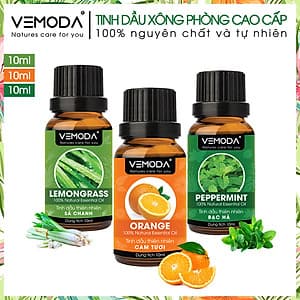 Tinh dầu Xông phòng gồm Combo 3 lọ tinh dầu cao cấp: tinh dầu Sả chanh (10ml) + tinh dầu Bạc hà (10ml) + tinh dầu Cam tươi (10ml) Vemoda