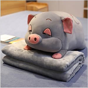 GỐI MỀN heo phê ngủ 3 trong 1, 4 chiều siêu mịn, bộ chăn gối văn phòng - xám