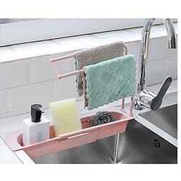 Kệ nhựa dài CO DÃN để bồn đựng đồ rửa chén, có khay treo khăn lau tay nhà bếp mới - giao màu ngẫu nhiên