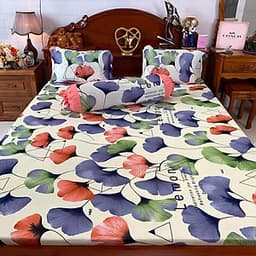 Bộ Drap Thun Lạnh Hàn Quốc (Drap Và 3 Áo Gối) - Hoa Giấy Cam