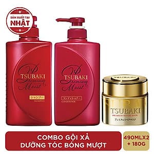 Bộ Ba Chăm Sóc Tóc TSUBAKI Dưỡng Tóc Bóng Mượt Gội Xả (490ml/chai) + Mặt Nạ Tóc Cao Cấp Phục Hồi Hư Tổn 180g