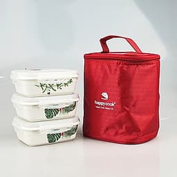 Hộp Cơm Sứ 3 Tầng Chữ Nhật Happycook Tặng Túi Đựng Giữ Nhiệt Cao Cấp - HCC-03R