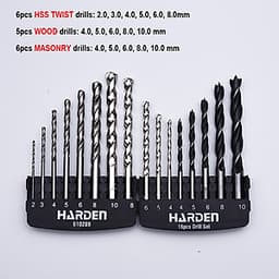 Bộ 16 Mũi Khoan Sắt, Khoan Bê Tông, Khoan Gỗ HARDEN 610289 được làm từ chất liệu thép chuyên dụng, sản phẩm đựng trong hộp nhựa tiện lợi và chắc chắn