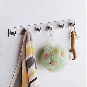 Móc Treo Quần Áo, Thanh INOX SUS304 6 Chấu dán tường sủ dụng keo 3M siêu dính - Tặng 1 Móc Inox dán tường