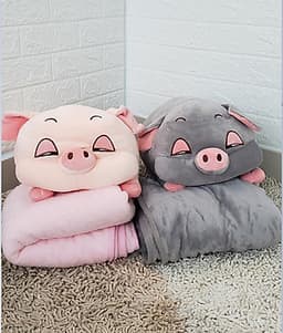 GỐI MỀN heo phê ngủ 3 trong 1, 4 chiều siêu mịn, bộ chăn gối văn phòng - xám